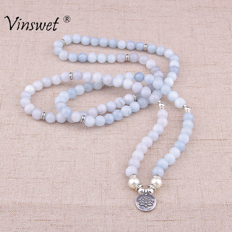 Natural Stone beads Aquamarine with Lotus Charm Necklace - Bloom N Bliss Boutique