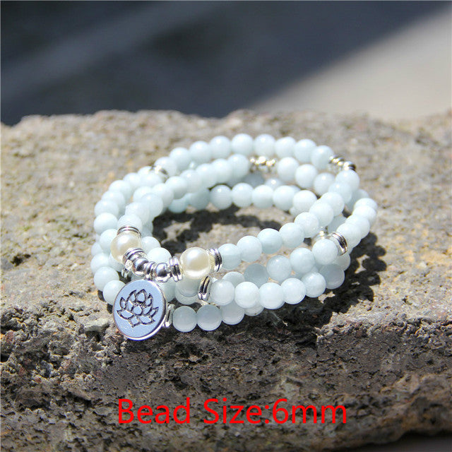 Natural Stone beads Aquamarine with Lotus Charm Necklace - Bloom N Bliss Boutique